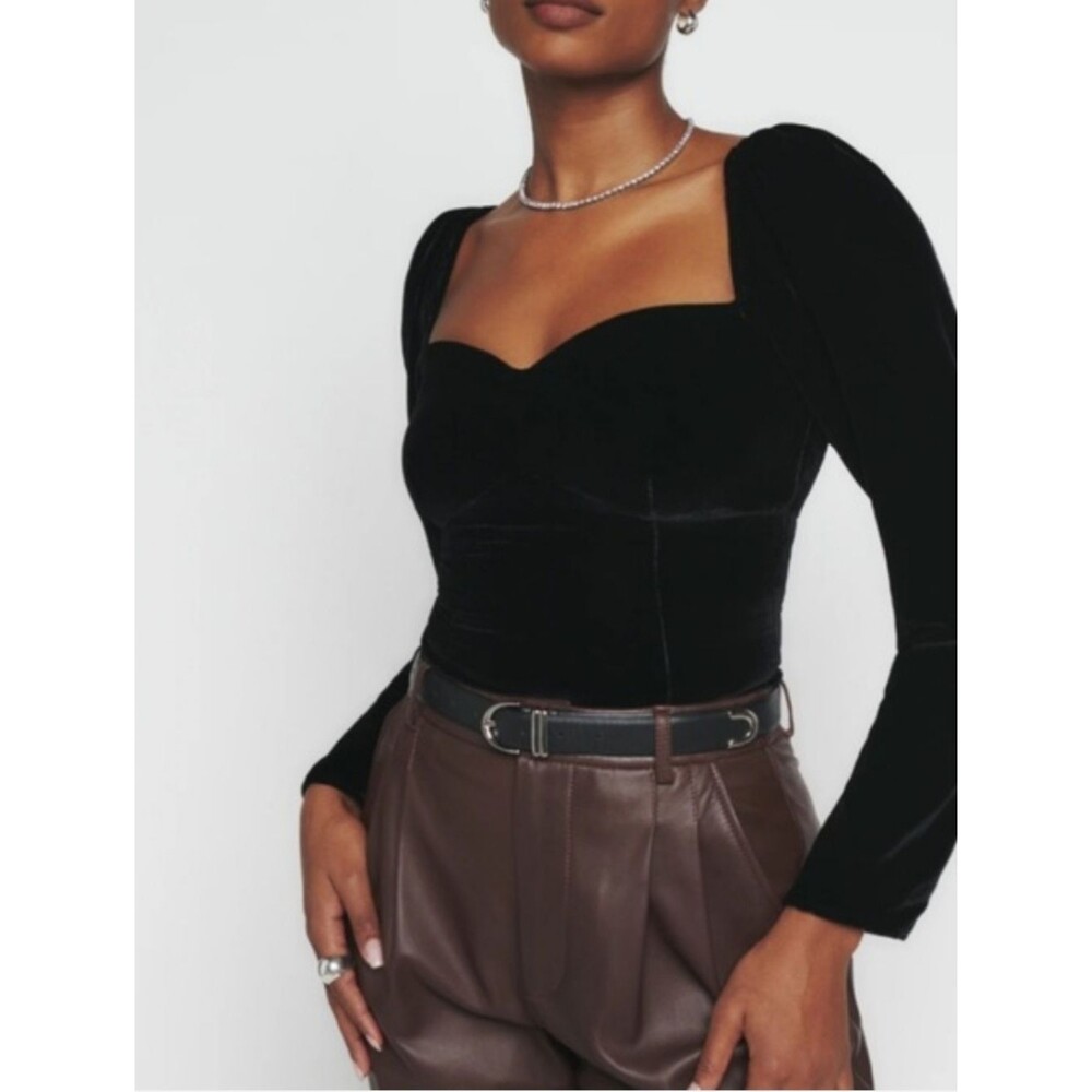 Reformation Black Velvet Monroe Sweetheart Puff Sleeve Gothic Top Size 4